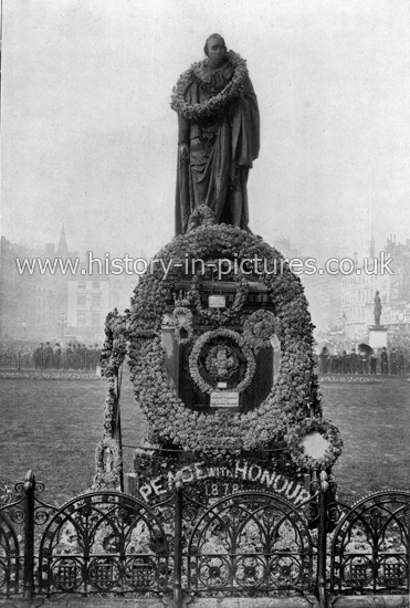 Lord Beanconsfield's Statue on Primrose Day, Parliament Square, London. c.1890's.